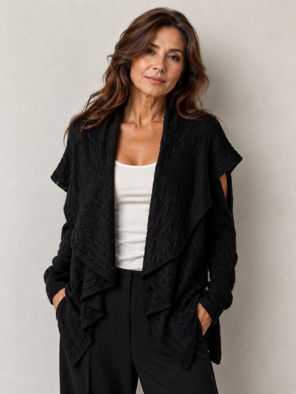 Jones New York Black Cable-Knit Draped Open Cardigan